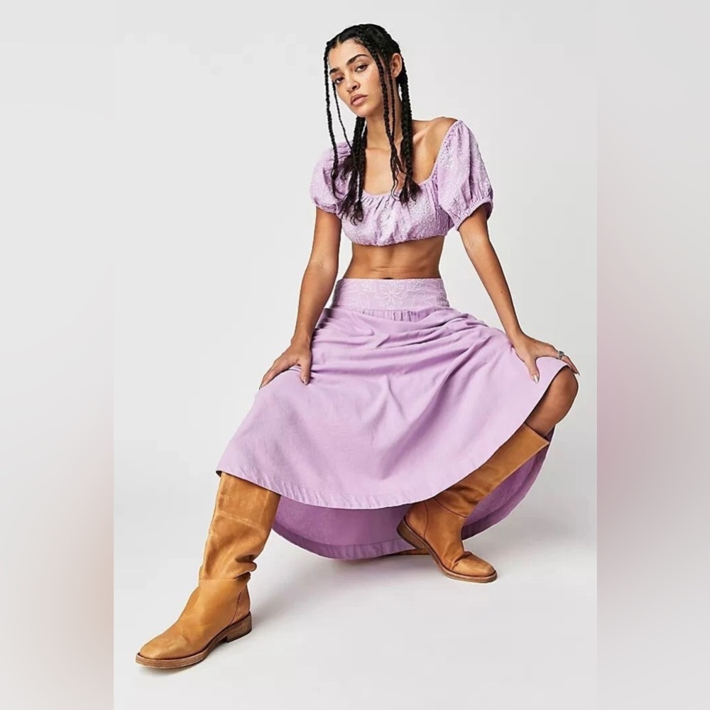 Free People Lotus Skirt Set Midi Skirt Embroidered Crop Top XL 2 Pieces Lilac